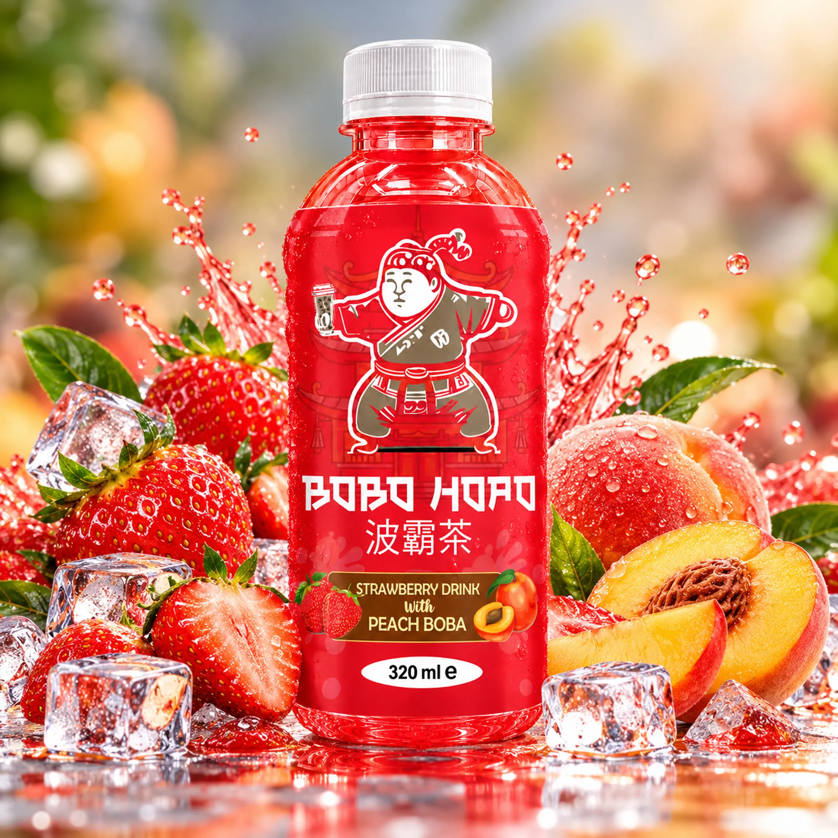Bobo Hopo 320 ml strawberry drink with peach boba, fresh strawberries, peaches, ice cubes and fruit splash.